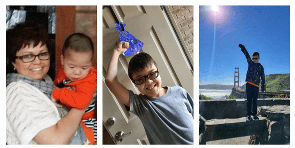 A series of three photos, one with mom and baby Nathan, one with Nathan at age 6 and one recent.
