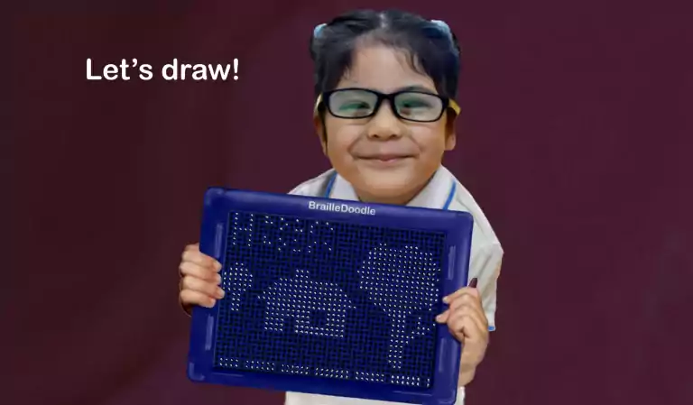 The BrailleDoodle is described in detail at https://www.touchpadprofoundation.org/short-video-and-alt-text/ But this has written clockwise and is pointing to- .. “No fail” examples . refreshable practice spaces. Standard braille for easy transition. Read and write words in complete sentences. Easy grip stylus with strong magnet. Never lose the stylus. a girl about 5, in a white blouse and black and yellow glasses, is smiling. She is holding the BrailleDoodle. On the surface are a house, a capital letter H, and the word house in braille. a tactile capital H, the word house in braille written twice, a small tree, a house, a big tree, and a sidewalk.