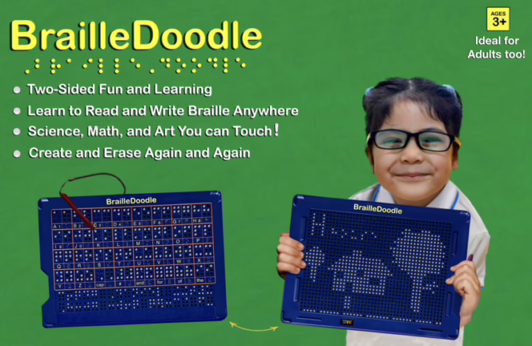 a girl about 5, in a white blouse and black and yellow glasses, is smiling. She is holding the BrailleDoodle. On the surface are a house, a tactile capital H, the word house in braille, a small tree, a house, a big tree, and a sidewalk. The word brailledoodle appears in bright yellow letters, Then there are bullet points that say two-sided fun and learning. Learn to read and read braille anywhere. Science math and art you can touch! Create an earase again and again. On the left is the illustration of the braille's side of the braille doodle. A complete description can be found at touchpadpro foundation.org