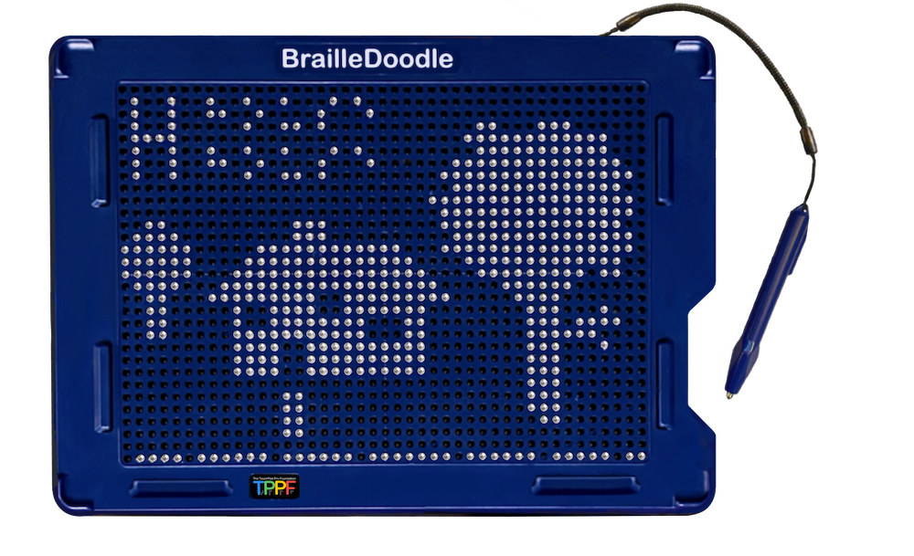 BrailleDoodle Doodle Side showing a tactile house and tree drawn with raised metal dots using the magnetic stylus.