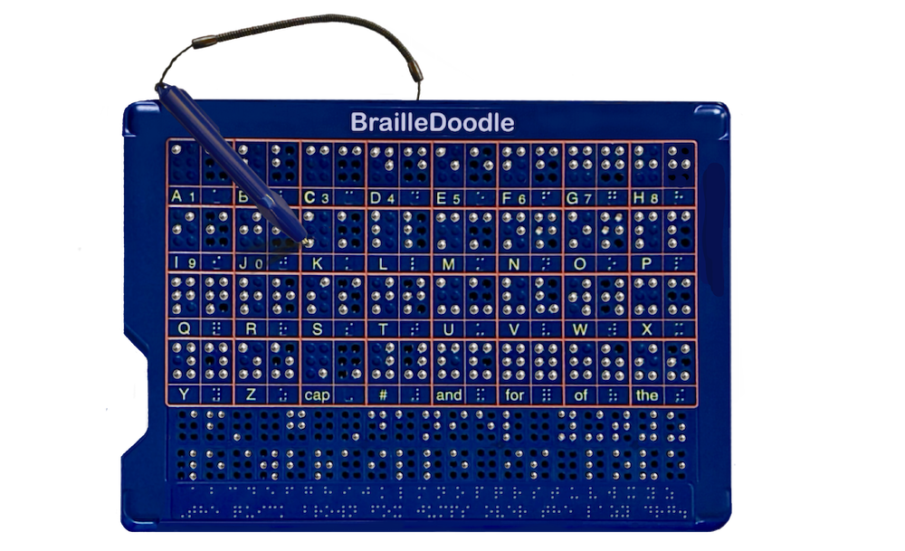 BrailleDoodle Braille Side with alphabet examples, large and standard braille practice cells, writing rows, and a magnetic stylus.
